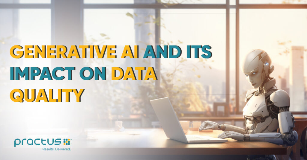 Banner version of cover page with title text: Generative AI and its Impact on Data Quality. Image is of a robot working on a laptop.